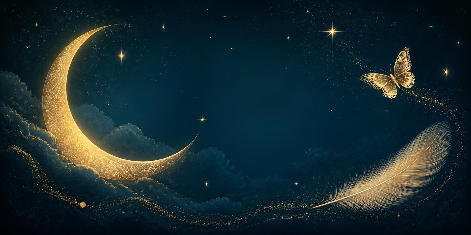 Golden crescent moon with stars, a feather and butterfly in a deep teal sky